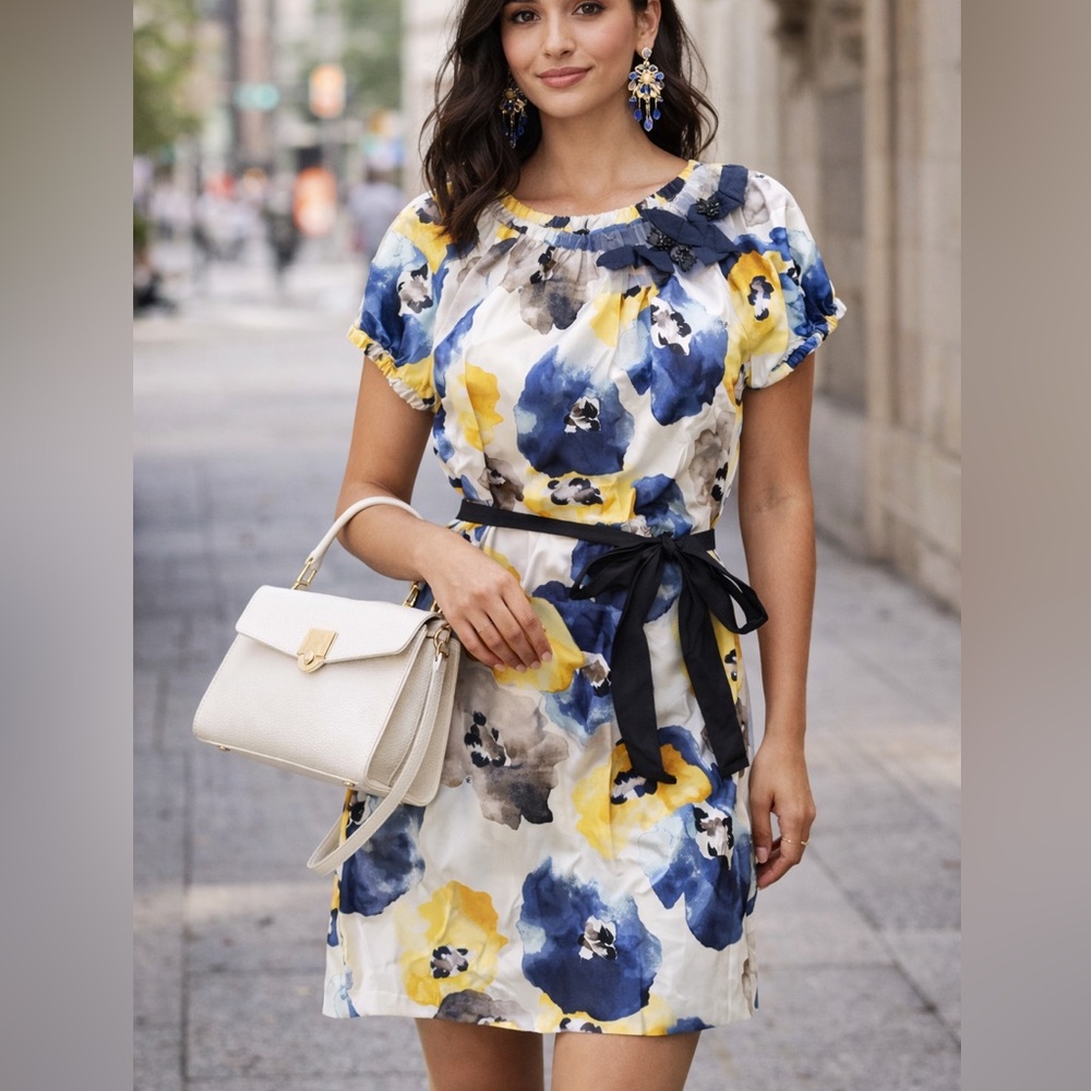 Simply Vera Vera Wang Blue and Yellow Floral Midi Dress
